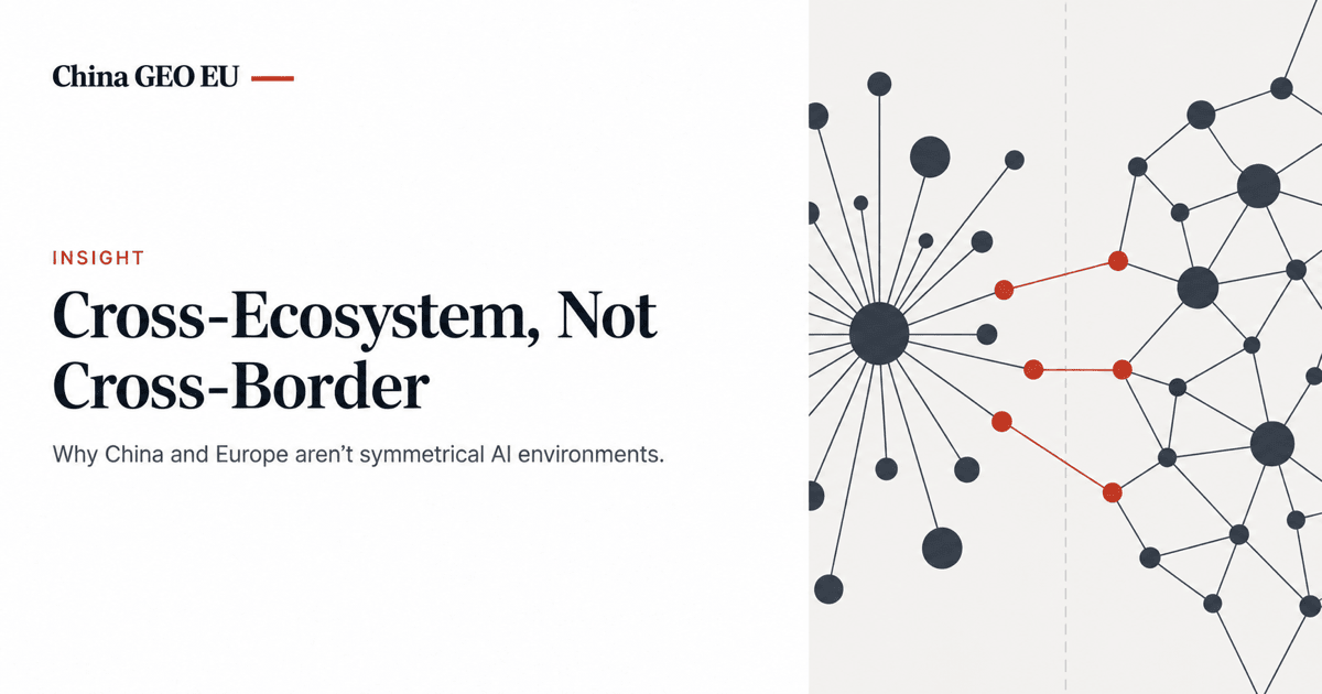Two contrasting network diagrams side by side — a simple hub-and-spoke pattern on the left and a dense interconnected mesh on the right, joined by only a few crossing paths — representing China and Europe as structurally different, only partly connected AI-platform ecosystems.